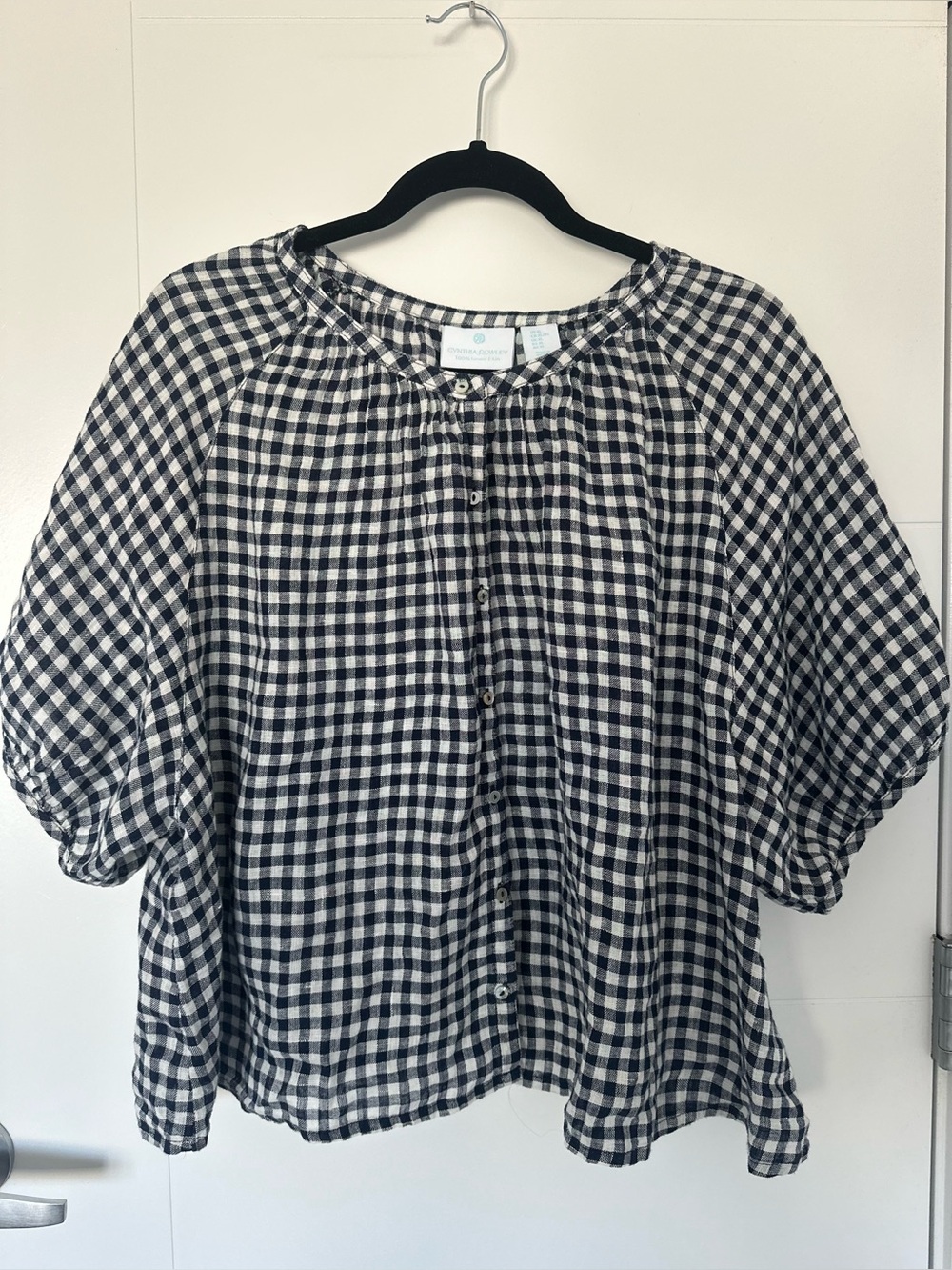 100% Linen Cynthia Rowley Gingham Button-Front Blouse